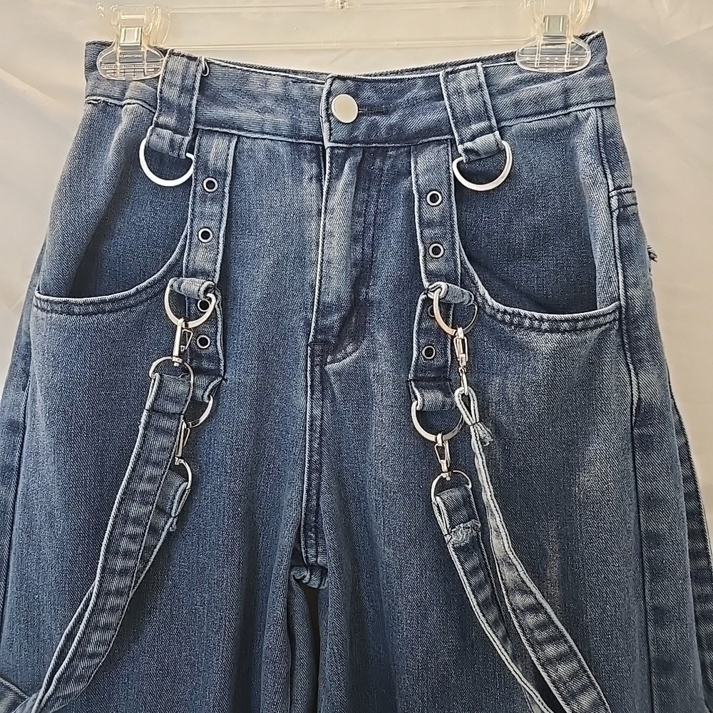 Romwe Juniors Denim Jean Straps Buckles Sz XS (2) Streetwear Grunge Skater - Picture 4 of 14